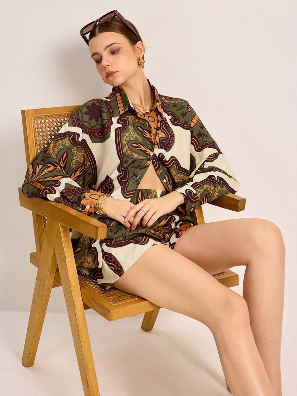 Commense Paisley-Print Button Down Shirt and shorts  in Olive, Cream & Brown